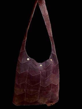 Vintage Chocolate Suede Hobo Hippie shoulderbag EUC darkBrown Chevron Patchwork
